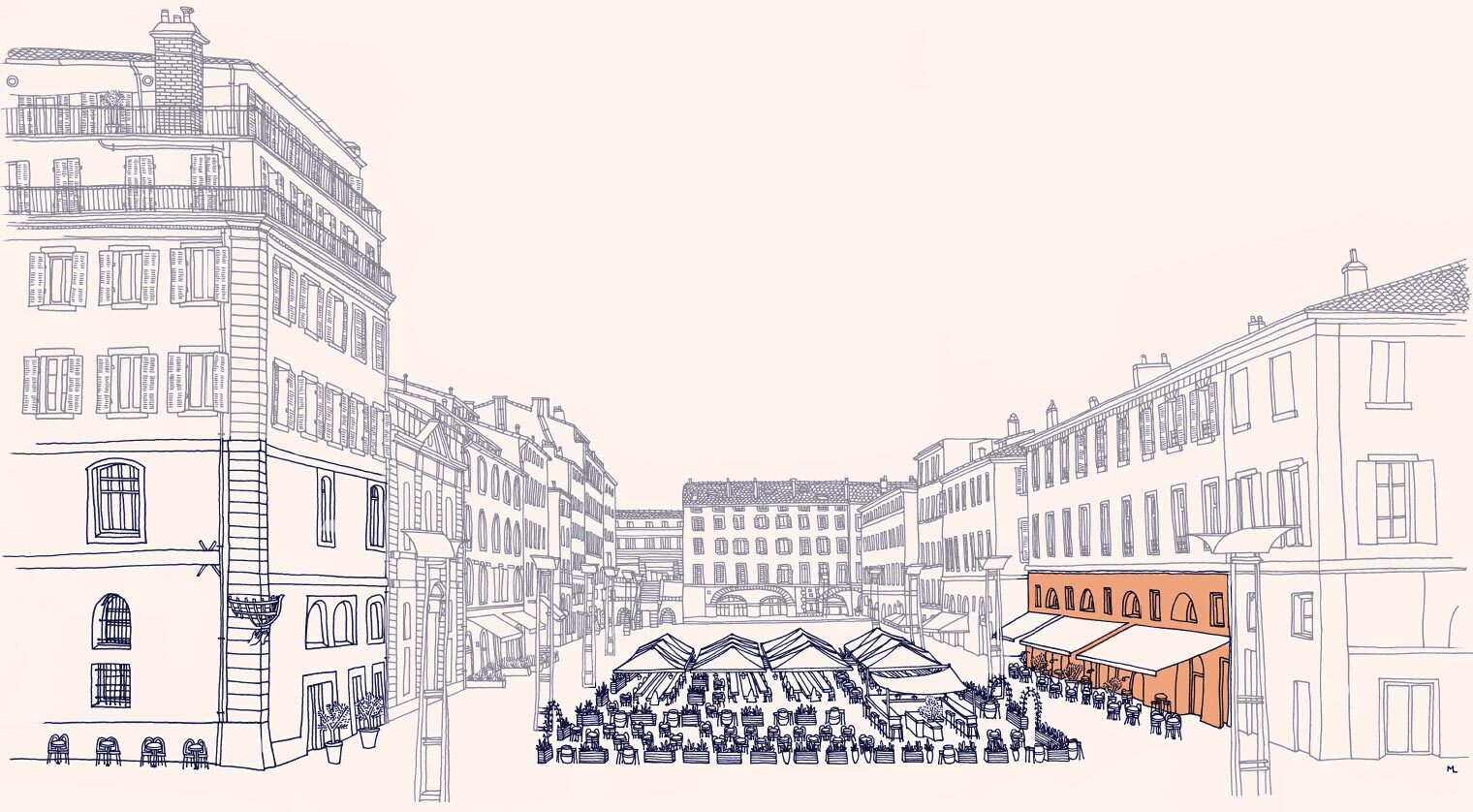 Illustration des Grands Halles du Vieux Port, de sa Terrasse, du Marché et de la Taverne